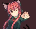  1girl animal_ears bow braid cat_ears clenched_hand hair_bow highres kaenbyou_rin long_hair lu_hao_liang red_eyes redhead smile solo touhou twin_braids wink 
