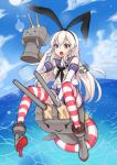  1girl anchor blonde_hair blush boots brown_eyes clouds elbow_gloves gloves hair_ornament hairband highres kantai_collection lens_flare long_hair open_mouth personification shimakaze_(kantai_collection) skirt sky solo ssttool6113 striped striped_legwear thigh-highs white_gloves 