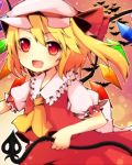  1girl ascot bat blonde_hair bow fang flandre_scarlet gradient gradient_background laevatein looking_at_viewer mob_cap open_mouth puffy_short_sleeves puffy_sleeves red_eyes ruhika short_hair short_sleeves side_ponytail skirt skirt_set solo touhou wings 