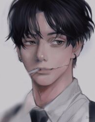  1boy black_hair black_necktie blurry brown_eyes chainsaw_man cigarette collared_shirt depth_of_field ear_piercing expressionless formal grey_background highres kishibe_(chainsaw_man) kishibe_(young)_(chainsaw_man) male_focus multiple_piercings necktie parted_bangs parted_lips piercing portrait shirt short_hair sideways_glance simple_background solo stitched_mouth stitches white_shirt wind yoon_nov 