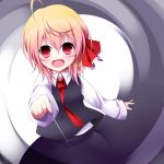  1girl blonde_hair dress_shirt fang hair_ribbon kuroyume_(dark495) looking_at_viewer necktie needle open_mouth red_eyes ribbon rumia shirt short_hair skirt skirt_set smile solo touhou 