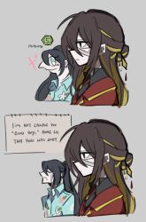  1boy 1girl bandages blonde_hair blue_eyes blue_shirt brown_hair closed_eyes closed_mouth coat collared_shirt crying dante_(limbus_company) grey_background hawaiian_shirt highres hong_lu_(project_moon) i&#039;m_not_calling_you_&quot;good_boy&quot;_(meme) lapels limbus_company long_hair meme multicolored_hair mute muu_037 notched_lapels original project_moon red_coat shirt simple_background streaked_hair tingtang_gang_(identity)_(project_moon) very_long_hair 