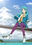  1girl apr aqua_hair boots clouds green_eyes hair_ornament long_hair looking_at_viewer macross_30 mina_forte scarf sitting sky smile solo wide_sleeves 
