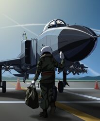  1girl absurdres aircraft airplane bag blue_sky fighter_jet from_behind gloves helmet highres military_vehicle people's_republic_of_china_flag pilot_suit pl-12 pl-8 shenyang_j-8 sky solo traffic_cone vf31j war_thunder white_gloves white_helmet 