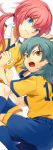  2boys aqua_hair blue_eyes inazuma_eleven_(series) inazuma_eleven_go kariya_masaki kirino_ranmaru male multiple_boys open_mouth pink_hair raimon riho soccer_uniform twintails white_background yellow_eyes 