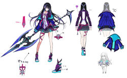  1girl belt blue_hair blue_jacket boots closed_mouth collared_shirt dark_blue_hair forcas from_behind full_body gyaru halberd hand_in_pocket holding holding_polearm holding_weapon jacket long_hair looking_at_viewer miniskirt multicolored_hair necktie official_art phantom_of_the_kill platform_boots platform_footwear polearm purple_shirt red_belt red_necktie reference_sheet school_uniform second-party_source shibuhiko shirt shoes simple_background skirt socks solo_focus spear thigh_strap thighs two-tone_hair two-tone_shirt violet_eyes weapon white_background white_shirt 