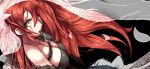  1girl beancurd breasts cleavage green_eyes katarina_du_couteau kunai large_breasts league_of_legends long_hair mouth_hold redhead scarf solo veil very_long_hair weapon 