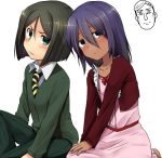  1boy 1girl assassin_(fate/zero) bangs black_eyes black_hair casual child_assassin_(fate/zero) dark_skin fate/zero fate_(series) green_eyes marimo_danshaku parted_bangs purple_hair trap waver_velvet 