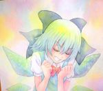  1girl blue_hair bow cirno closed_eyes highres ice ice_wings solo touhou traditional_media watercolor_(medium) wings yuyu_(00365676) 