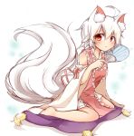  1girl ahoge alternate_costume animal_ears apron barefoot blush commentary detached_sleeves fan inubashiri_momiji long_sleeves looking_at_viewer orange_eyes pillow silver_hair sitting solo tail tosura-ayato touhou wariza wide_sleeves wolf_ears wolf_tail 
