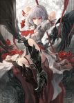  1girl arms_behind_head flower greaves lavender_hair makai_no_juumin metal_boots no_hat no_headwear polearm red_eyes red_rose remilia_scarlet rose serious short_hair solo spear spear_the_gungnir touhou weapon white_hair wings 