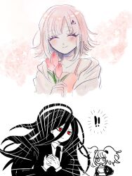  ! !! 1boy 2girls blush closed_eyes closed_mouth danganronpa:_trigger_happy_havoc danganronpa_(series) danganronpa_2:_goodbye_despair emphasis_lines enoshima_junko expressionless facing_viewer flower formal hair_between_eyes hands_up highres holding holding_flower jacket jewelry kamukura_izuru multiple_girls nanami_chiaki necklace necktie official_alternate_costume pink_flower pink_shirt red_eyes shirt smile twintails uyu_(yumeyumepop7) 