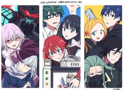  2girls 6+boys alexis_kerib anti_(ssss.gridman) armor black_hair blue_eyes blush borr bow bowtie breasts cardigan collared_shirt formal glasses grey_hair gridman_(ssss) gridman_universe happy_anniversary hibiki_yuuta highres himagosan jacket large_breasts long_hair long_sleeves looking_at_viewer max_(ssss.gridman) multiple_boys multiple_girls necktie off_shoulder open_mouth pleated_skirt purple_jacket red_eyes redhead samurai_calibur school_uniform scrunchie shinjou_akane shirt short_hair short_sleeves skirt smile ssss.gridman suit takarada_rikka utsumi_shou vit white_shirt wing_collar yellow_eyes 