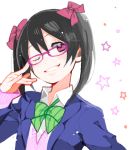  1girl adjusting_glasses black_hair blush bow drawr glasses hair_bow kashi-k long_hair love_live!_school_idol_project open_mouth red_eyes school_uniform simple_background smile solo star twintails wink yazawa_nico 