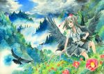  1girl bird bird_on_arm black_hair black_wings camera cloudy_sky crow flower fog forest graphite_(medium) hat mononofu7 mountain nature red_eyes scenery shameimaru_aya short_hair skirt sky smile solo tokin_hat touhou traditional_media tree watercolor_(medium) wings 