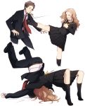  1boy 1girl adachi_tooru age_difference belt black_legwear blazer brown_hair formal german_suplex houndstooth kicking konishi_saki mushisotisis necktie persona persona_4 pleated_skirt school_uniform serafuku skirt socks suit suplex vomiting what_if 