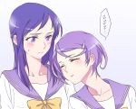  2girls blue_hair blush bust closed_eyes couple hishikawa_rikka kenzaki_makoto leaning_on_person long_hair multiple_girls negom precure purple_hair school_uniform short_hair simple_background sleeping yuri 