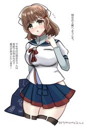  1girl akashi_(kancolle) akashi_(kancolle)_(cosplay) asahi_(kancolle) blue_sailor_collar blue_skirt braid breasts brown_hair collared_shirt cosplay cowboy_shot grey_eyes hair_ribbon highres hip_vent kantai_collection large_breasts long_sleeves looking_at_viewer mole mole_under_mouth open_mouth poyo_teitoku ribbon sailor_collar school_uniform serafuku shirt short_hair simple_background single_braid skirt smile solo twitter_username white_background white_ribbon 