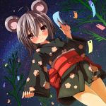  1girl 5240mosu animal_ears bamboo blush floral_print grey_hair grey_panties highres japanese_clothes kimono long_sleeves looking_at_viewer mouse_ears nazrin night obi panties red_eyes sash sky smile solo star_(sky) starry_sky tanabata touhou underwear upskirt wide_sleeves yukata 