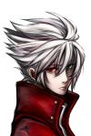  1boy absurdres blazblue bust early_type face green_eyes heterochromia high_collar highres ragna_the_bloodedge red_eyes silver_hair solo spiky_hair 