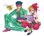  1boy 1girl bandana bare_shoulders blonde_hair blue_eyes crossover earrings final_fantasy final_fantasy_vi green_eyes green_hair halu-ca headband jewelry jojo_no_kimyou_na_bouken kishibe_rohan long_hair midriff musical_note pants relm_arrowny school_uniform short_hair simple_background sketchbook 