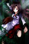  1girl animal_ears bamboo bamboo_forest brooch brown_hair dress fang fingernails forest imaizumi_kagerou jewelry long_fingernails long_hair long_sleeves moonlight nature open_mouth realdragon red_eyes solo tail touhou very_long_hair wide_sleeves wolf_ears wolf_tail 