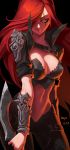  1girl artist_name belt breasts cleavage dated haje highres katarina_du_couteau league_of_legends long_hair looking_at_viewer midriff navel orange_eyes redhead scar smile solo sword weapon 