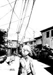  1girl expressionless hanno highres looking_at_viewer monochrome original power_lines road school_uniform short_hair sign solo stop_sign street wind 