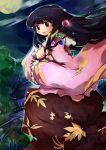  1girl absurdres black_eyes black_hair branch clouds dress highres hime_cut houraisan_kaguya japanese_clothes jeweled_branch_of_hourai kamagen long_hair moon night open_mouth smile solo touhou water 