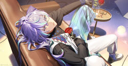  1boy black_footwear black_gloves black_shirt blue_hair broken_glass cable collared_shirt couch crossed_bangs expressionless flower flower_request glass glass_shards gloves grey_eyes hair_between_eyes hashtag-only_commentary holding holding_flower holographic_clothing hoshirube_sho indoors long_hair long_sleeves looking_at_viewer looking_up male_focus multicolored_clothes multicolored_eyes multicolored_hair multicolored_skirt nijisanji on_couch open_mouth pants pants_under_skirt pleated_skirt purple_hair red_flower shirt shoes side_slit sitting skirt solo streaked_hair table tsuika_63no vase vest virtual_youtuber white_footwear white_pants white_vest wing_collar 