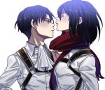  1boy 1girl ascot black_hair clothes_pull enoch_(enoch0501) hair_between_eyes levi_(shingeki_no_kyojin) mikasa_ackerman scarf shingeki_no_kyojin short_hair side three-dimensional_maneuver_gear white_background 