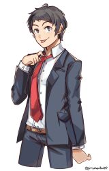  1boy :p adachi_tooru belt black_hair black_suit brown_belt brown_eyes clothes_grab collared_shirt commission cropped_legs english_commentary formal graysheartart highres jacket long_sleeves looking_at_viewer male_focus necktie necktie_grab neckwear_grab persona persona_4 red_necktie shirt short_hair simple_background smile solo suit tongue tongue_out twitter_username white_background white_shirt 