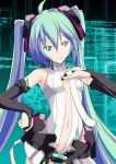  1girl absurdres ahoge bridal_gauntlets center_opening hatsune_miku highres long_hair maid_mania miku_append navel necktie solo twintails very_long_hair vocaloid vocaloid_append 