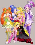  5girls aida_mana arms_around_neck blonde_hair blue_eyes blue_hair chair chin_rest closed_eyes crossed_legs cure_diamond cure_heart cure_rosetta cure_sword dokidoki!_precure grey_background harem hishikawa_rikka holding_hands hug kenzaki_makoto kotoji_(asianrose) multiple_girls on_floor orange_hair pink_eyes precure purple_hair regina_(dokidoki!_precure) simple_background sitting smile standing violet_eyes yotsuba_alice yuri 