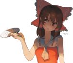  1girl bare_shoulders bow brown_eyes brown_hair bust fan hair_bow hair_tubes hakurei_reimu paper_fan pisoshi simple_background solo touhou uchiwa white_background 