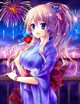  1girl blonde_hair blue_eyes blush fireworks flower fruit_print hair_flower hair_ornament holding japanese_clothes kimono long_hair obi open_mouth original railing solo sorai_shin&#039;ya 
