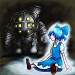  1girl arms bare_legs barefoot big_daddy bioshock blue_eyes blue_hair bow cirno drawfag dress drill eyes glowing glowing_eyes hair hair_bow hands head legs mouth muscle nose puffy_short_sleeves puffy_sleeves ribbon shoes short_hair short_sleeves sitting skin touhou wings 