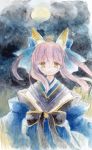  1girl animal_ears bow caster_(fate/extra) fate/extra fate_(series) fina_(sa47rin5) fox_ears fox_tail hair_bow hair_ribbon japanese_clothes moon open_mouth pink_hair ribbon sad smile solo tail tears traditional_media twintails watercolor_(medium) yellow_eyes 