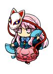  1girl bow chibi dual_wielding expressionless face_mask fan fox_mask hata_no_kokoro long_hair long_sleeves mask pink_eyes pink_hair shirt simple_background skirt socha solo touhou very_long_hair white_background wide_sleeves 