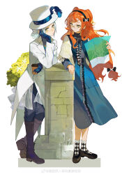  2girls absurdres against_pillar ankle_socks black_bow black_footwear black_hairband black_pants blue_dress blue_feathers blue_gloves blue_shirt boots bow brown_footwear bush capelet checkered_ribbon checkered_socks coat crossed_ankles cup disposable_cup dress elbow_rest face-to-face feathers full_body glasses gloves green_eyes grey_eyes grey_hair hair_bow hair_bun hairband hand_on_own_cheek hand_on_own_face hand_up hat hat_feather head_rest highres holding holding_cup holding_map knee_boots long_dress long_hair long_sleeves looking_at_another looking_to_the_side map mary_janes multiple_girls neck_ribbon official_alternate_costume orange_hair pants pants_tucked_in parted_lips reverse:1999 ribbon round_eyewear shirt shoes short_hair single_side_bun smile socks sonetto_(emotion_in_tranquility)_(reverse:1999) sonetto_(reverse:1999) top_hat vertin_(ipstar)_(reverse:1999) vertin_(reverse:1999) weibo_logo weibo_watermark white_background white_capelet white_coat white_hat xiao_lu 
