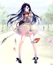  1girl ahoge bag black_bow black_footwear blue_eyes blue_hair blurry blurry_background bow bowtie camera closed_mouth commentary_request dress floating floating_hair floating_object full_body grey_dress grey_skirt hairband high_heels holding holding_camera juliet_sleeves long_hair long_sleeves looking_at_viewer official_art phantom_of_the_kill photo_(object) puffy_sleeves red_bow red_bowtie red_eyes red_hairband risanautr road school school_bag school_uniform second-party_source shibuhiko skirt smile socks solo standing straight_hair street thighs two-tone_eyes white_socks 