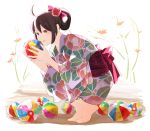 1girl ahoge barefoot brown_eyes brown_hair japanese_clothes kimono lips smile solo squatting 