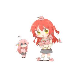  !? &gt;_&lt; 2girls :d blue_eyes bocchi_the_rock! brown_sailor_collar brown_shirt chibi cube_hair_ornament gotoh_hitori gotoh_hitori_(octopus) grey_skirt hair_between_eyes hair_ornament jacket jitome kita_ikuyo long_hair multiple_girls one_side_up pants pants_under_skirt pink_hair pink_jacket pink_pants pleated_skirt rebecca_(keinelove) redhead sailor_collar school_uniform serafuku shirt simple_background skirt small_sweatdrop smile socks standing sweat tears track_jacket track_pants track_suit turn_pale very_long_hair white_background white_socks yellow_eyes 