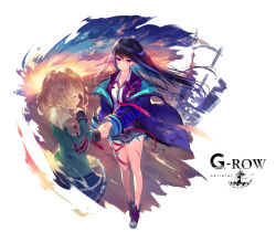 2girls ^_^ blue_hair blue_jacket closed_eyes closed_mouth clouds collared_shirt commentary_request dark_blue_hair eye_contact forcas full_body green_skirt handshake jacket light_brown_hair long_sleeves longinus_(phantom_of_the_kill) looking_at_another multiple_girls official_art open_mouth phantom_of_the_kill pleated_skirt polearm purple_hair second-party_source shibuhiko shirt skirt solo_focus spear violet_eyes weapon white_background white_shirt 