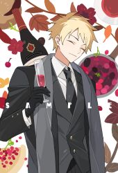  1boy alcohol alternate_costume atou_haruki black_gloves black_jacket black_necktie blonde_hair bottle buttons champagne_flute chinese_commentary closed_eyes closed_mouth collared_shirt commentary_request cup drinking_glass formal gloves highres holding holding_cup jacket leaf long_sleeves male_focus necktie saibou_shinkyoku sakuraihum sample_watermark shirt short_hair smile solo stole upper_body watermark white_shirt wine wine_bottle 