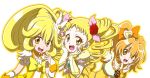  3girls arm_warmers blonde_hair blush breasts brooch brown_eyes brown_hair choker color_connection cure_lemonade cure_peace cure_pine dress earrings flower fresh_precure! hair_flower hair_ornament hair_ribbon hands_on_own_face heart highres jewelry kasugano_urara kise_yayoi long_hair magical_girl monyotarosu multiple_girls open_mouth ponytail precure ribbon side_ponytail smile smile_precure! tiara twintails vest yamabuki_inori yellow_dress yellow_eyes yes!_precure_5 