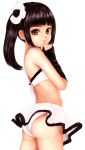  1girl arm_warmers ass bare_shoulders bikini_top black_hair brown_eyes hand_to_own_mouth midriff original panties popopon side_ponytail sideways simple_background skirt sleeves_past_wrists solo underwear white_background white_panties 
