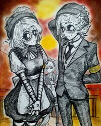  1boy 2girls alternate_costume android apron armband black_dress black_pants black_suit braid butler colored_skin cross_tie dress enmaided face_filter formal frilled_apron frills glasses grey_hair grey_skin hairband highres humanoid_robot j_(murder_drones) joints long_sleeves m4skedboi maid maid_apron maid_headdress mechanical_arms monocle multiple_girls murder_drones n_(murder_drones) pant_suit pants puffy_short_sleeves puffy_sleeves robot robot_girl robot_joints short_hair short_sleeves smile suit tuxedo tuxedo_shirt twin_braids twintails v_(murder_drones) waist_apron white_apron white_hair wrist_cuffs yellow_armband 