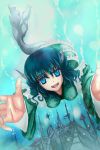  1girl blue_eyes blue_hair breasts building head_fins japanese_clothes long_sleeves mermaid monster_girl open_mouth realdragon short_hair smile solo swimming touhou underwater underwater_city wakasagihime wide_sleeves 