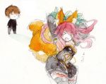  1boy 1girl animal_ears bow breasts caster_(fate/extra) detached_sleeves dress fate/extra fate/extra_ccc fate_(series) fina_(sa47rin5) fox_ears fox_tail hair_bow hair_ribbon pink_hair ribbon tail thigh-highs traditional_media white_background yellow_eyes 